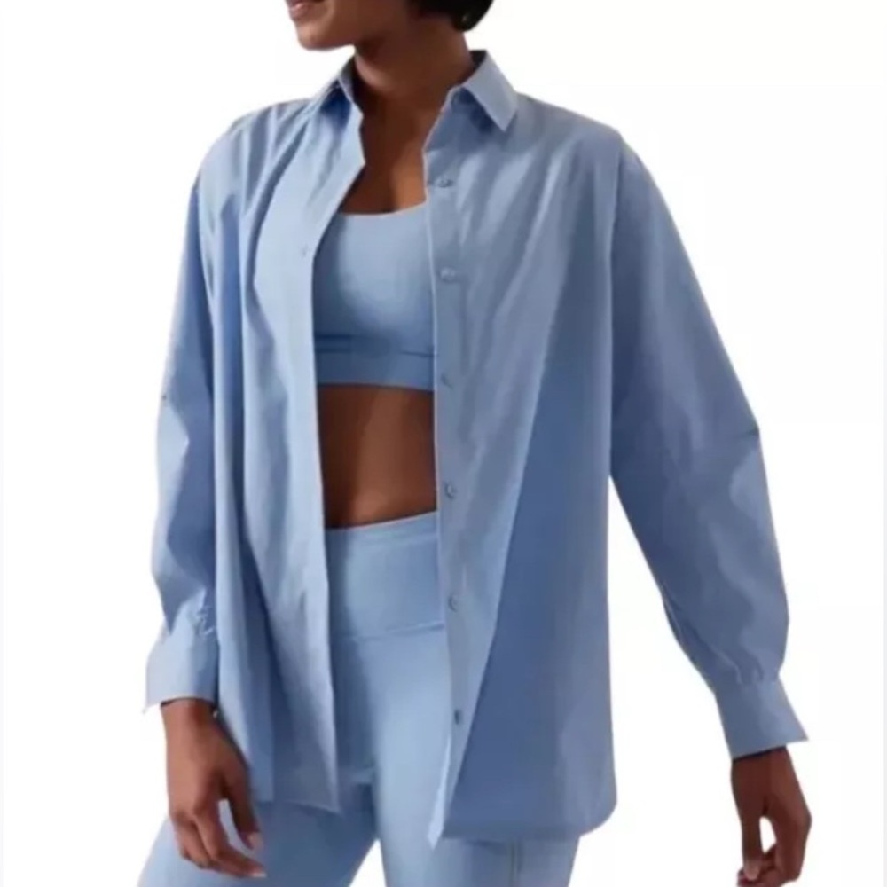 NWT Athleta Oversized Poplin Top Button Up Long Sleeve Heron Blue Women’s Medium - Picture 13 of 13
